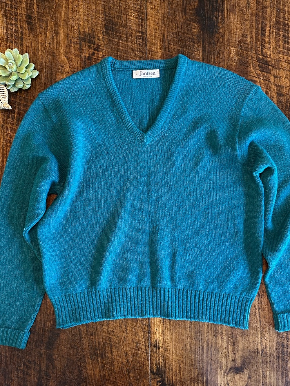 Jantzen | Vinatge 90s V-Neck Sweater Teal Blue Green, Size L/XL